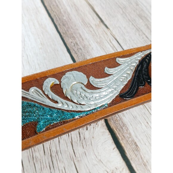 Roris Painted Beltz Hand Painted Black and Blue Leather Belt No Buckle 35\